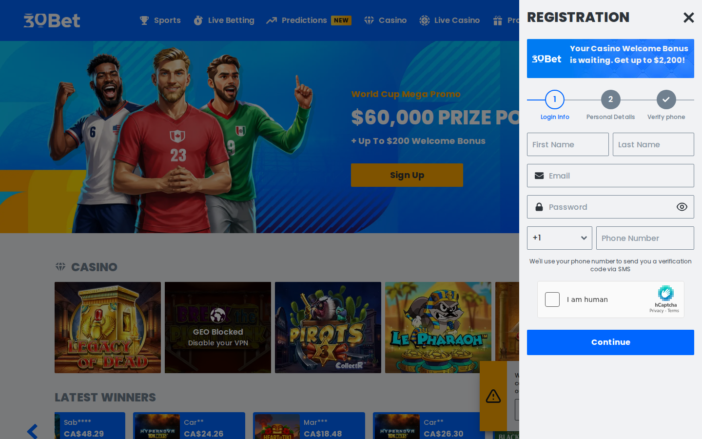 30Bet homepage screenshot