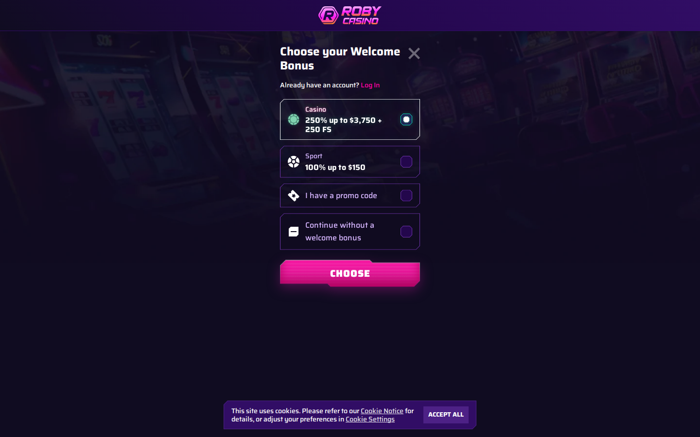 Roby Casino homepage screenshot